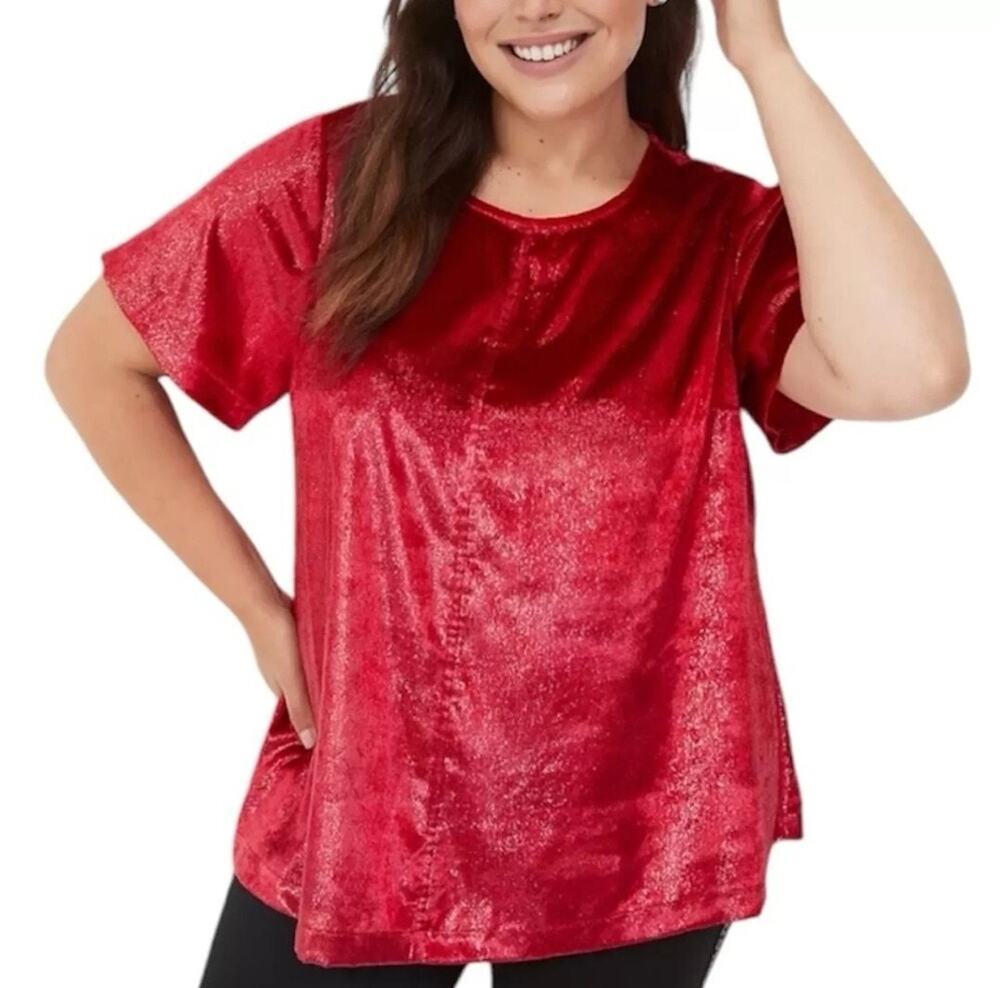Lane Bryant Red Shimmer Short Sleeve Velvet Blouse Size 22 Holiday Sparkle Party